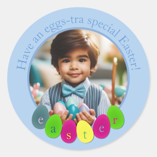 Personalised Photo Fun Coloured Easter Eggs in Blu Classic Round Sticker (Front)