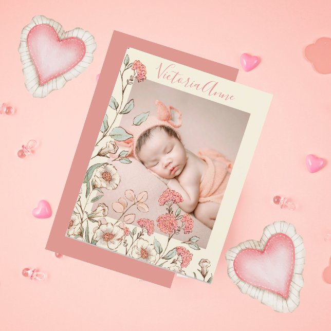 Personalised Photo Girl Floral Birth Announcement Postcard (Creator Uploaded)