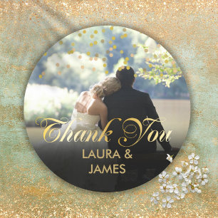 Personalised Photo Gold Confetti Script Thank You Classic Round Sticker