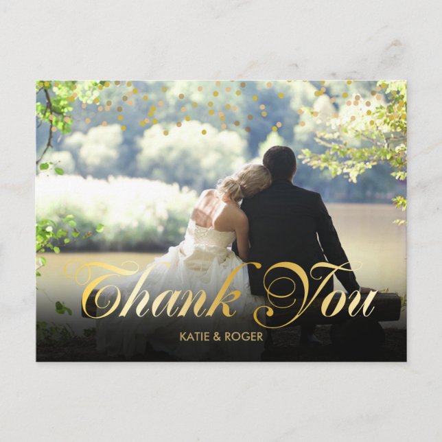 Personalised Photo Gold Confetti Script Thank You Postcard (Front)