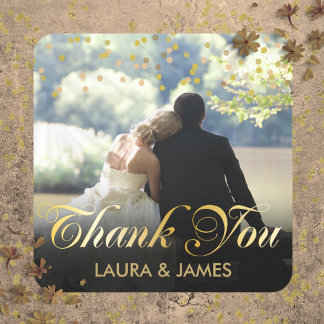 Personalised Photo Gold Confetti Script Thank You Square Sticker