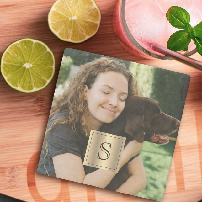 Personalised Photo Gold Frame and Black Monogram Stone Coaster (Creator Uploaded)