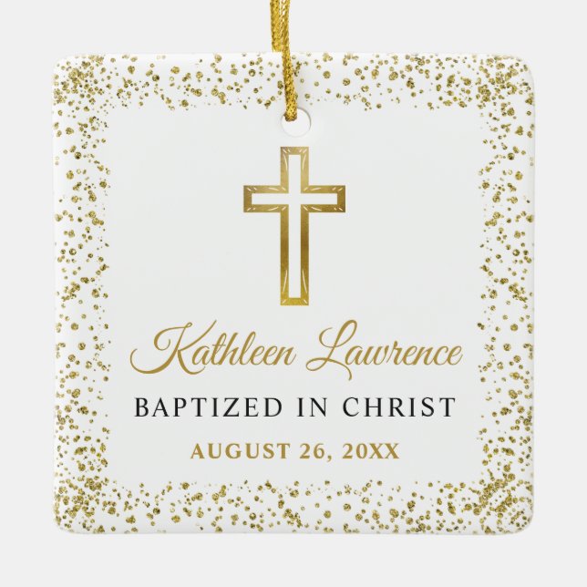 Personalised Photo Gold Glitter Cross Girl Baptism Ceramic Ornament (Front)
