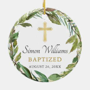 Personalised Photo Gold Greenery Wreath Baptism  Ceramic Tree Decoration