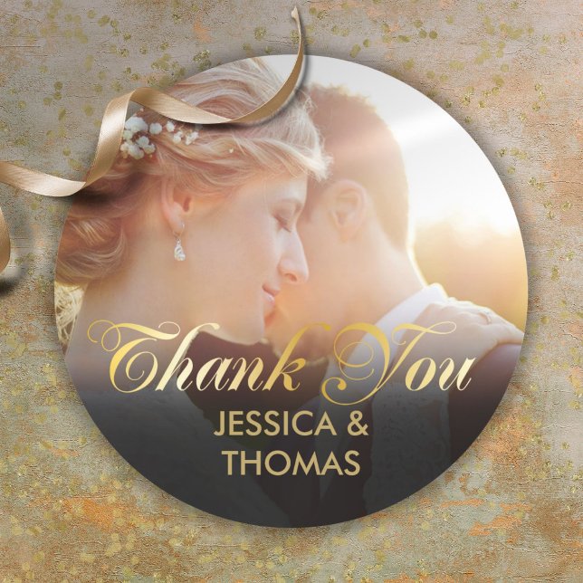 Personalised Photo Gold Script Thank You Classic Round Sticker (Personalized Photo Gold Script Thank You Classic Round Sticker)