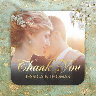 Personalised Photo Gold Script Wedding Thank You Square Sticker