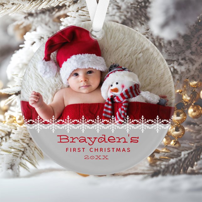 Personalised Photo Grey Red Baby's First Christmas Ornament (Creator Uploaded)