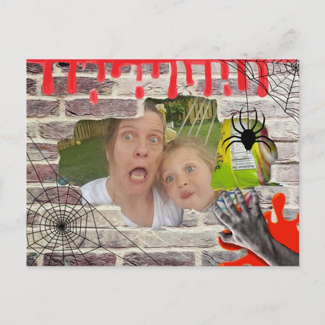 Personalised Photo Halloween Trapped Behind Wall Postcard (Front)