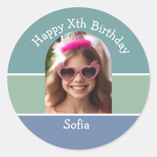 Personalised Photo Happy Birthday Name Any Age  Classic Round Sticker (Front)