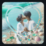 Personalised Photo Heart Beachy  Square Sticker<br><div class="desc">Cute stickers to seal your wedding invitations. Personalised heart photo romantic beach with sea glass.</div>