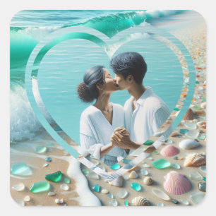 Personalised Photo Heart Beachy  Square Sticker