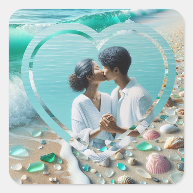 Personalised Photo Heart Beachy  Square Sticker (Front)