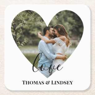 Personalised Photo Heart Frame Modern Calligraphy Square Paper Coaster