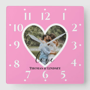 Personalised Photo Heart Frame Modern Calligraphy Square Wall Clock