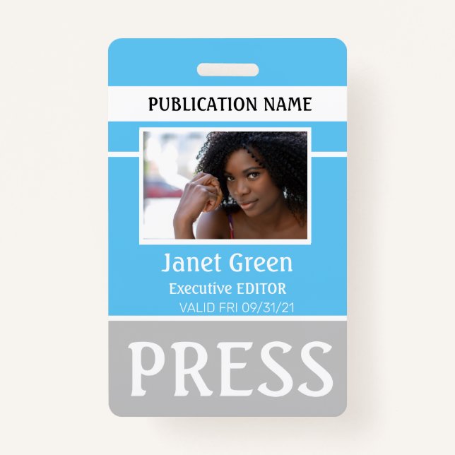 Personalised Photo ID Reporter Press Pass ID Blue  ID Badge (Front)