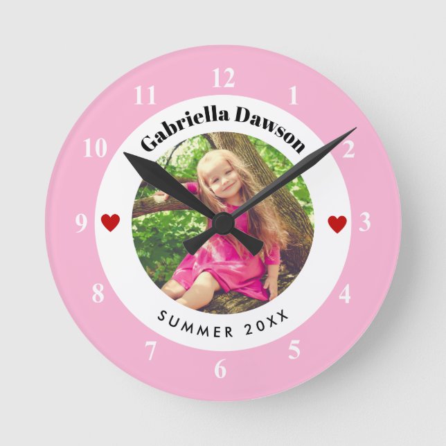 Personalised Photo in Baby Pink White Circle Heart Round Clock (Front)
