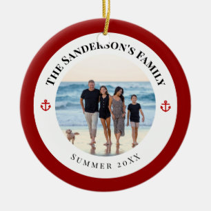 Personalised Photo in Black Circle with Red Anchor Ceramic Tree Decoration