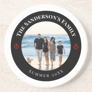 Personalised Photo in Black Circle with Red Anchor Coaster