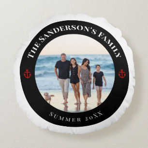 Personalised Photo in Black Circle with Red Anchor Round Cushion