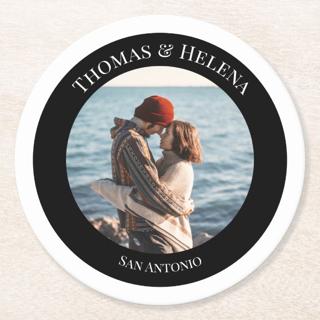 Personalised Photo in Black Circle with Texts Round Paper Coaster (Front)