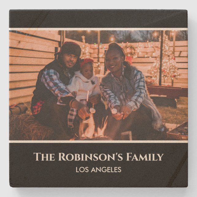 Personalised Photo in Black Frame with Texts Stone Stone Coaster (Front)