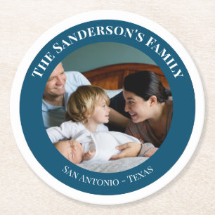 Personalised Photo in Turquoise Circle with Texts Round Paper Coaster