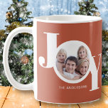 Personalised Photo Joy Rust Coffee Mug<br><div class="desc">This modern Christmas Holiday Photo Mug is decorated with the word JOY in white on a rust background.
Easily customisable with your photo and name.</div>