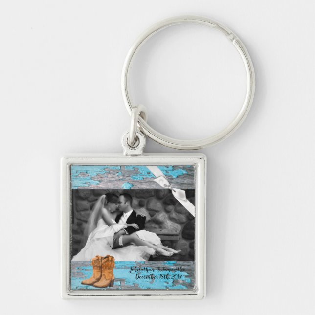 Personalised Photo Key Chain Blue Wood Barn Door B (Front)