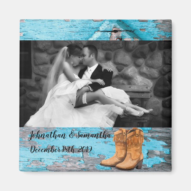 Personalised Photo Magnet Blue Wood Barn Door Boot (Front)