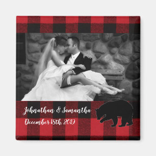 Personalised Photo Magnet Red Buffalo Plaid Bear