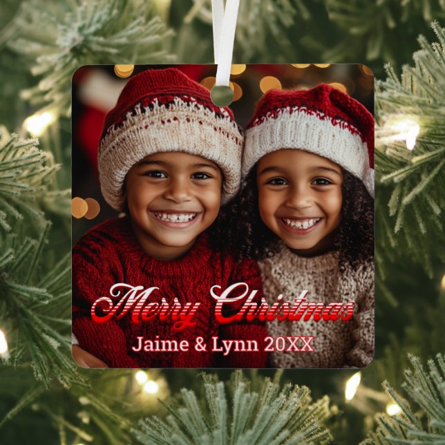 Personalised Photo Merry Christmas Names and Date Metal Tree Decoration (Insitu)
