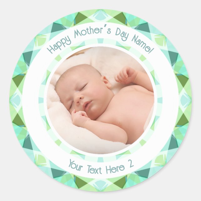 Personalised Photo Message Green Blue Mother’s Day Classic Round Sticker (Front)