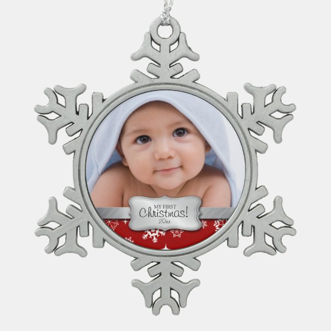 Personalised Photo - My 1st Christmas Snowflake Pewter Christmas Ornament (Front)