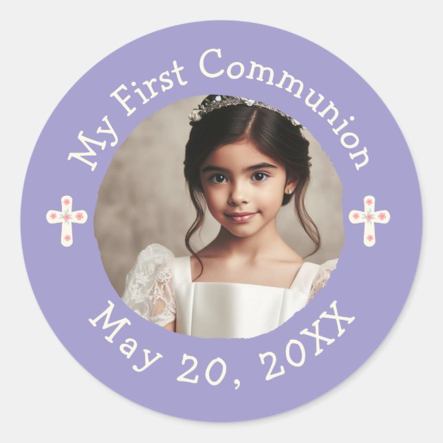 Personalised Photo My First Communion Floral Cross Classic Round Sticker (Front)