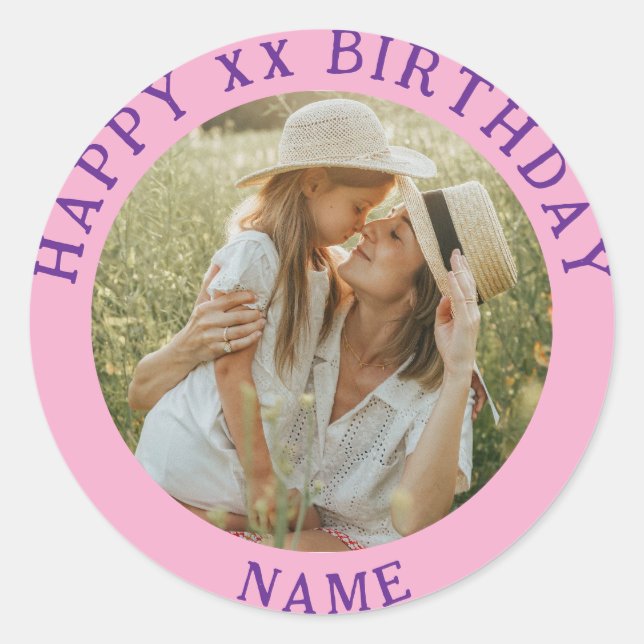 Personalised Photo, Name And Age Birthday Classic Round Sticker (Front)