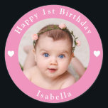 Personalised Photo, Name And Age Birthday Classic Round Sticker<br><div class="desc">Adorable personalised photo,  name and age birthday pink classic round sticker.</div>