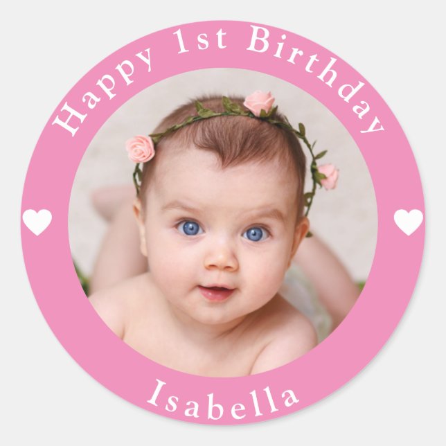 Personalised Photo, Name And Age Birthday Classic Round Sticker (Front)