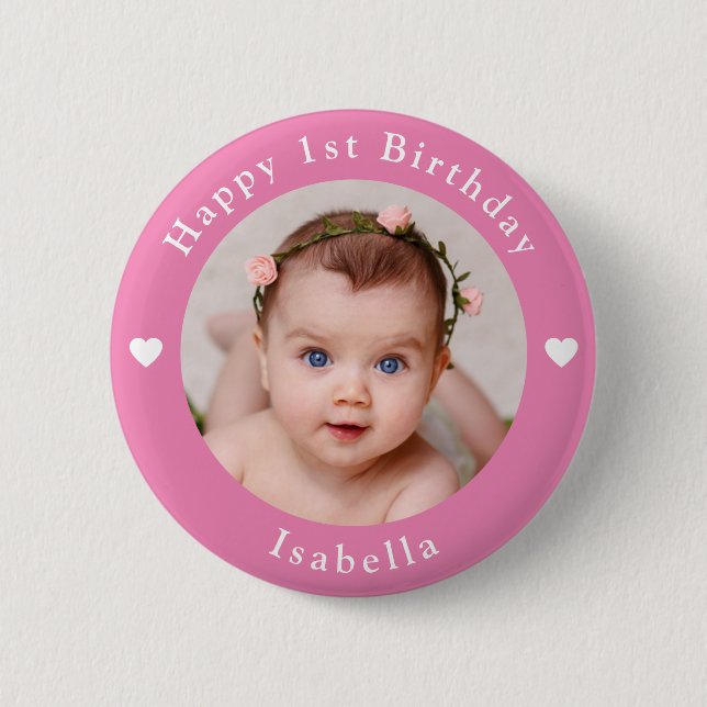 Personalised Photo, Name And Age Birthday Pink 6 Cm Round Badge (Front)