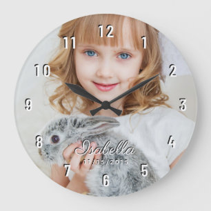 Personalised Photo Name Birth Date White Numbers Large Clock