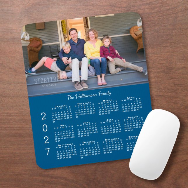 Personalised Photo Name Blue 2027 Calendar Mouse Pad (Personalized Photo Name Blue 2027 Calendar Mouse Pad in situ)