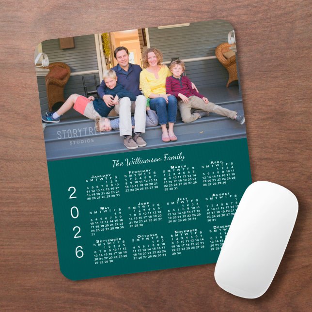 Personalised Photo Name Blue-Green 2026 Calendar Mouse Pad (Personalized Photo Name Blue-Green 2026 Calendar Mouse Pad, in situ)