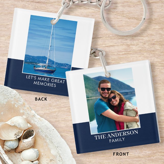 Personalised Photo Name Dark Blue Modern Key Ring (Creator Uploaded)