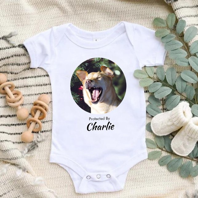 Personalised Photo Name Dog Protected By Dog Baby Bodysuit (Creator Uploaded)