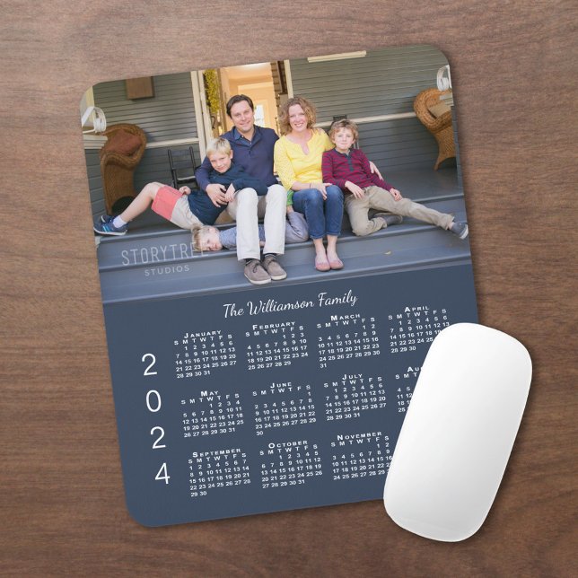 Personalised Photo Name Navy Blue 2024 Calendar Mouse Pad (2024 Calendar Personalized Photo and Name Navy Blue Mouse Pad, In Situ)