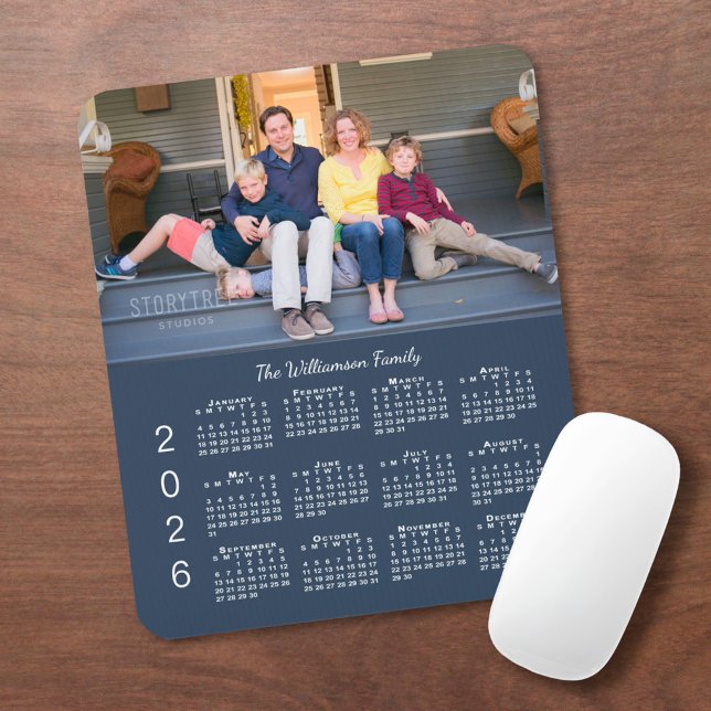 Personalised Photo Name Navy Blue 2026 Calendar Mouse Pad (Personalized Photo Name Navy Blue 2026 Calendar Mouse Pad, in situ)