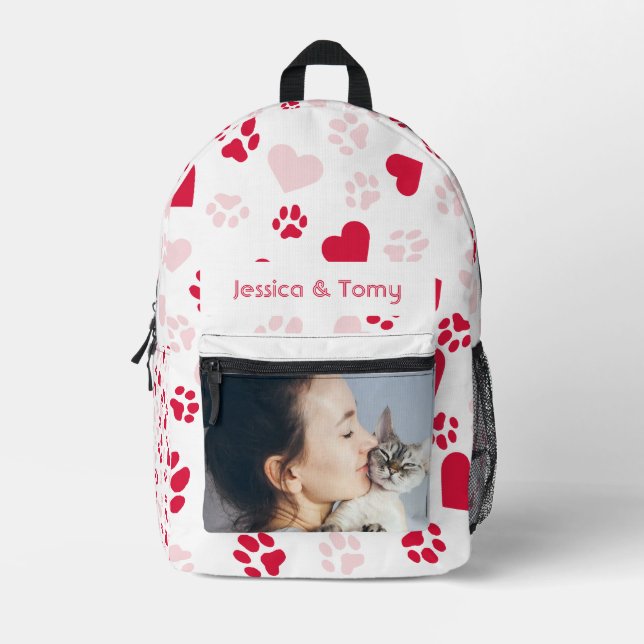 Personalised Photo & Name Paw prints Pattern Printed Backpack (Front)