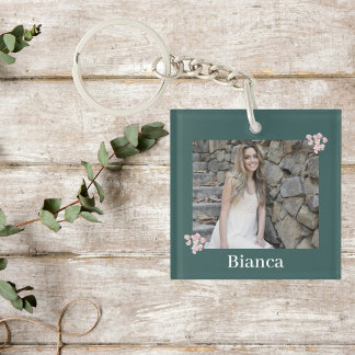 Personalised Photo Name Pink Floral Hunter Green Key Ring