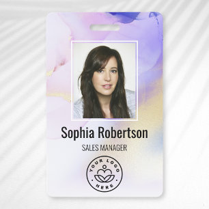Personalised Photo Name Violet Watercolor Employee ID Badge