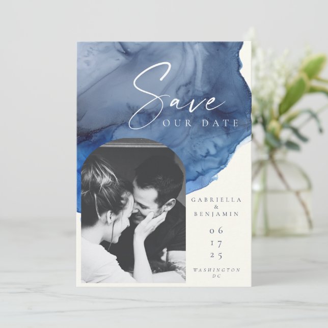 Personalised Photo Navy Blue Watercolor Wedding  Save The Date (Standing Front)