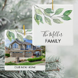 Personalised Photo New Home Ceramic Ornament<br><div class="desc">This personalised new home ornament is decorated with watercolor greenery and stylish script typography.
Easily customisable. with your photo and name.
Makes a great housewarming gift.
Original Watercolor © Michele Davies.</div>